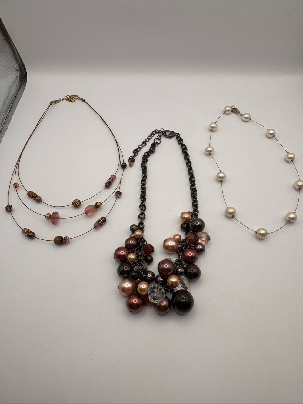 Bundle of Multi-Strand Beads, Faux Pearl & Bead Cluster Necklace in Brown/Gold